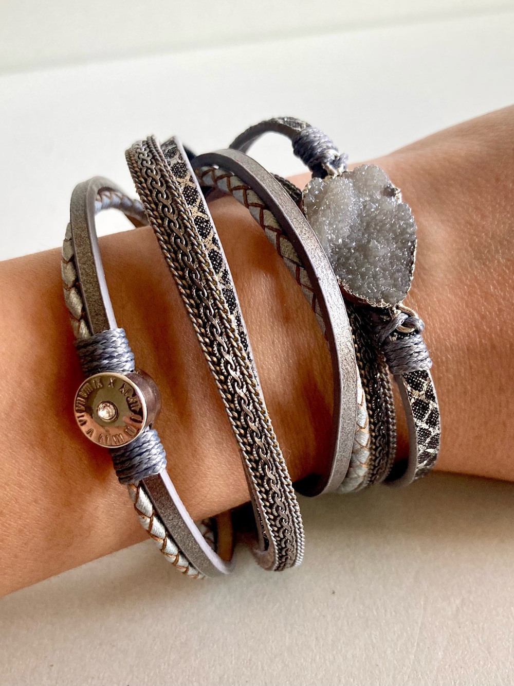 Silver gray Druzy like stone Multi-Strand faux Leather Wrap Bracelet